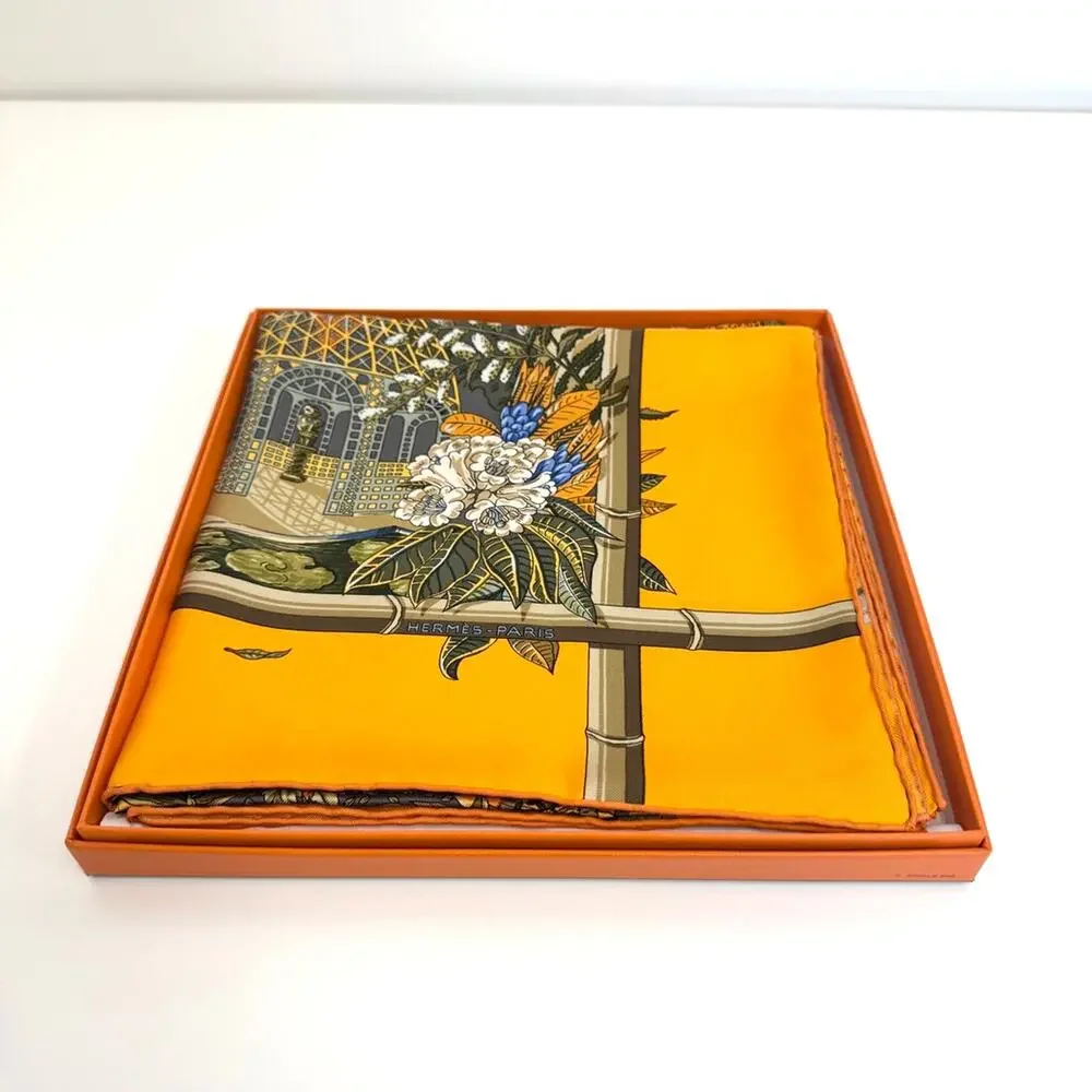 HERMES Carre 90 Orange Jardins d'Hiver Silk Scarf NEW Bamboo Pattern with Box